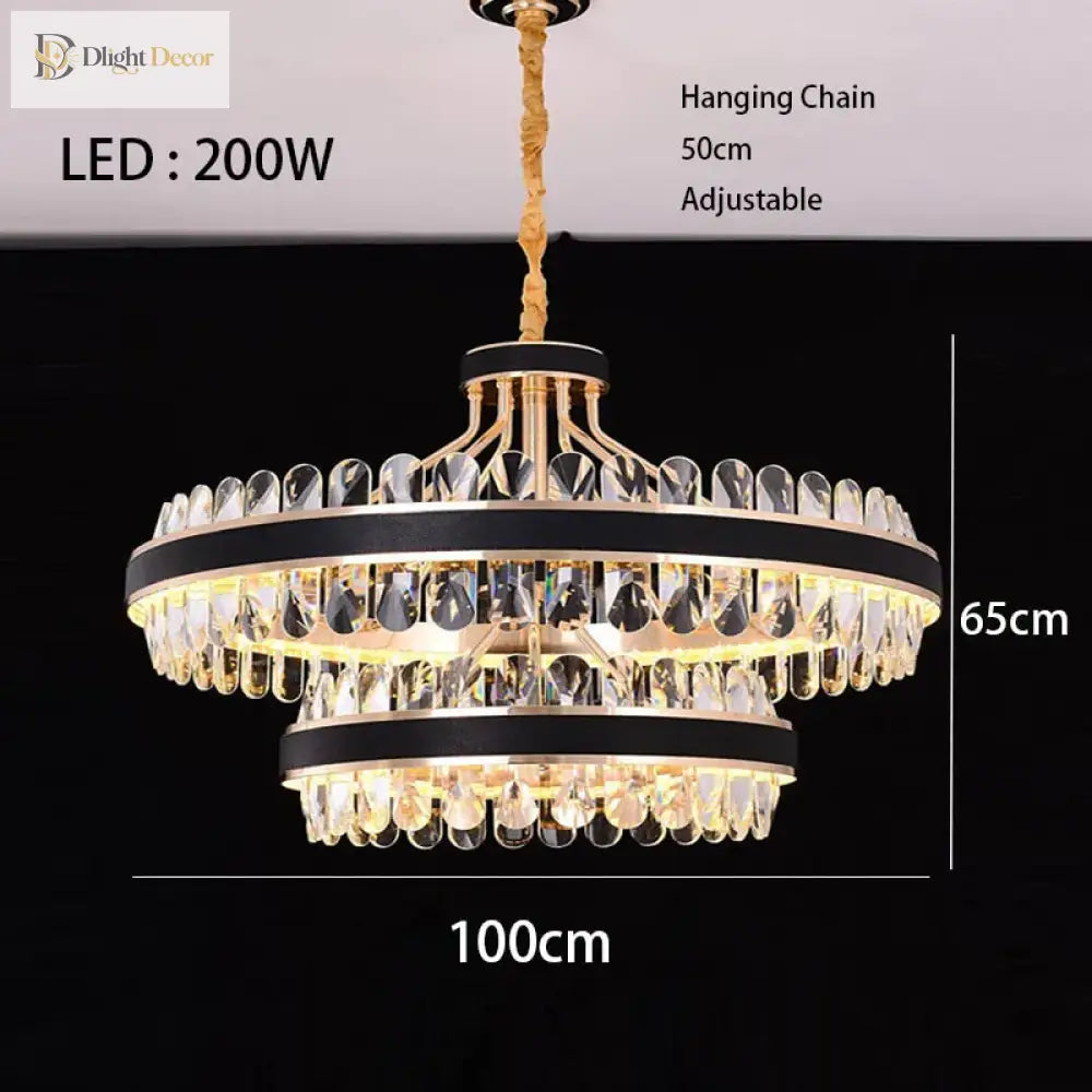 Dimmable Led Crystal Oval Ceiling Chandeliers - Black Leather Luxury Lustres For Dining Room Decor