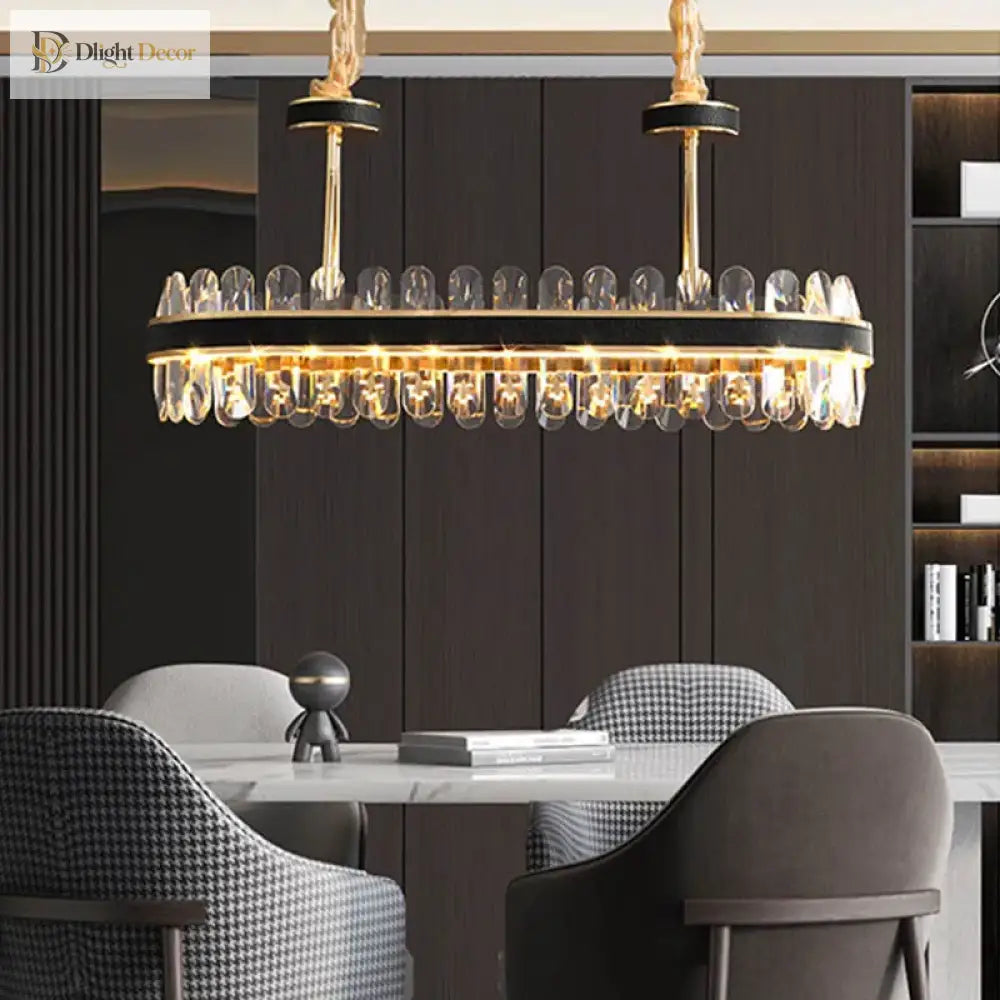 Dimmable Led Crystal Oval Ceiling Chandeliers - Black Leather Luxury Lustres For Dining Room Decor