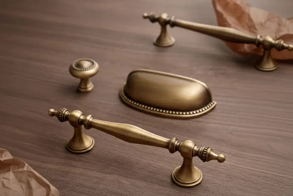 Antique brass cabinet handle set with curved pull and round finial ends