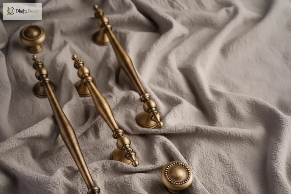Antique brass cabinet handles with tall bar pulls and round pedestal bases
