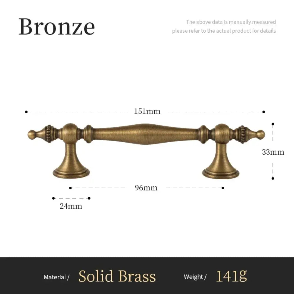 Antique brass cabinet pull, 151mm overall length, 96mm hole spacing