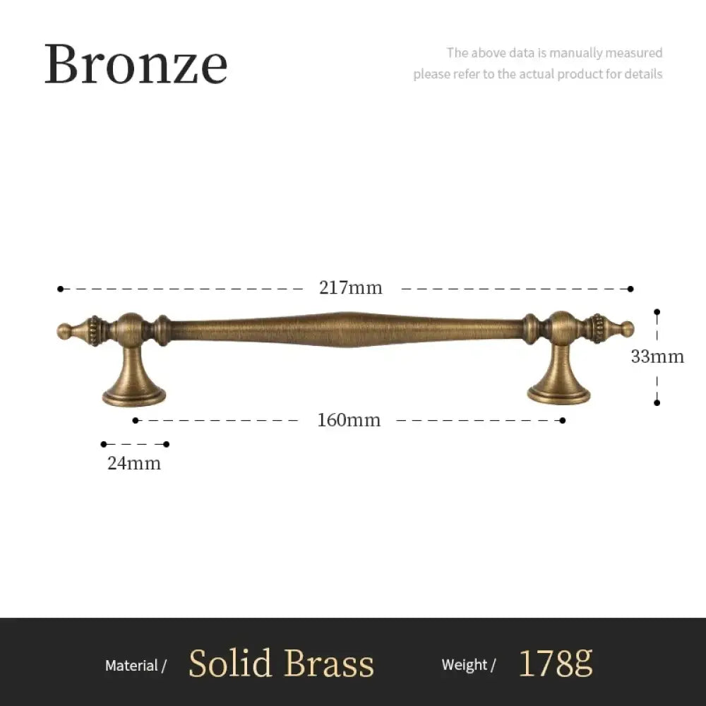 Antique brass cabinet pull, 217mm overall length, 160mm hole spacing