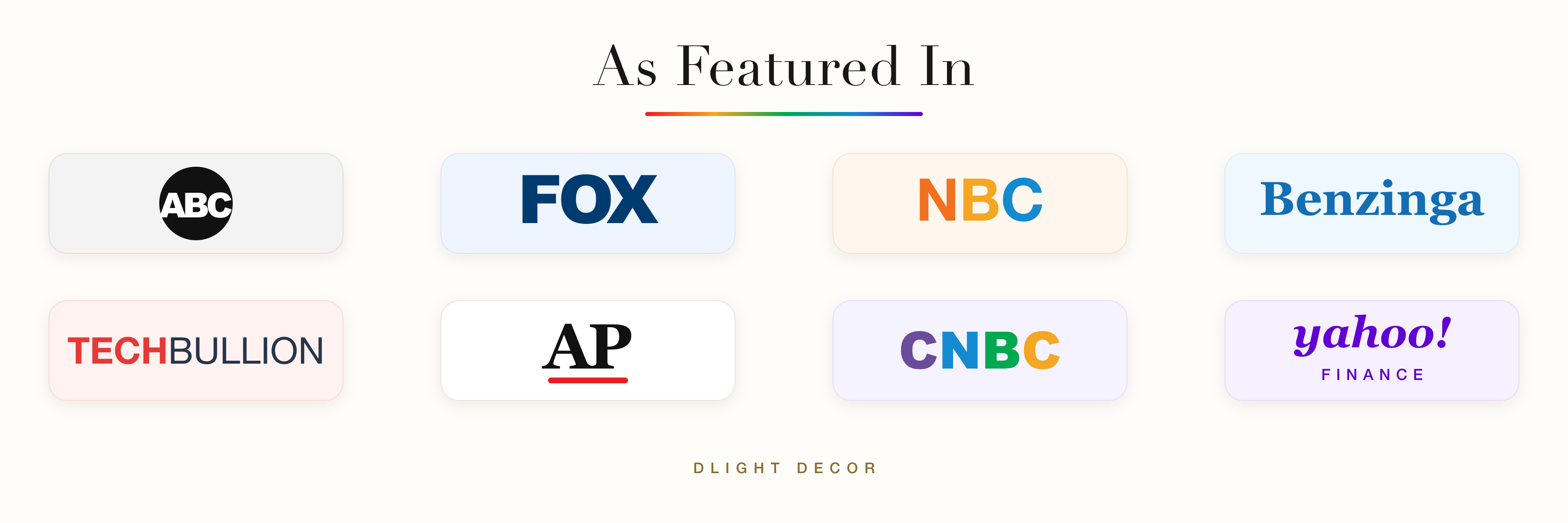 Dlight Decor as featured in ABC, FOX, NBC, Benzinga, TechBullion, AP, CNBC and Yahoo Finance