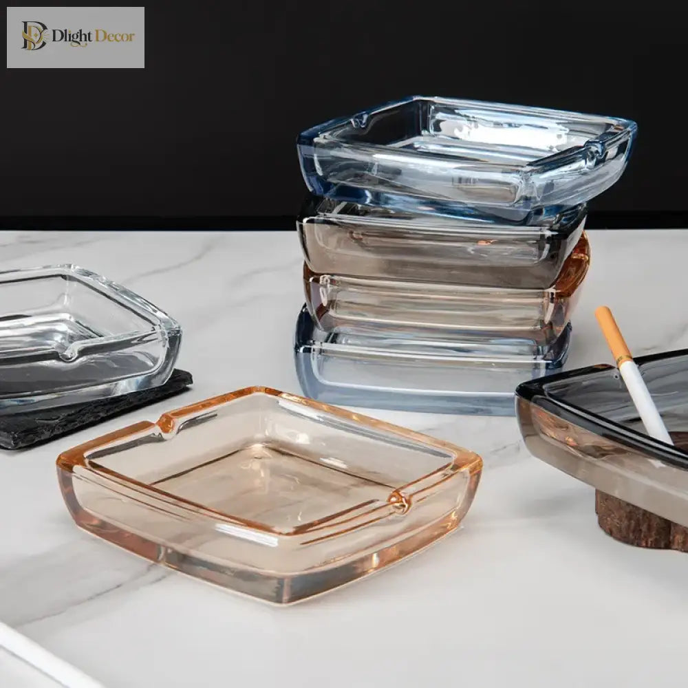 Dlight Decor Classic Square Crystal Glass Ashtray Transparent Smoke Tray for Home Bar & Office