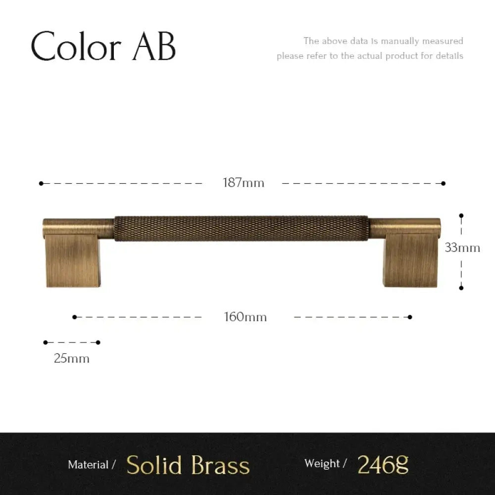 Cross-knurled cabinet handle, 187mm overall length, solid brass, square ends