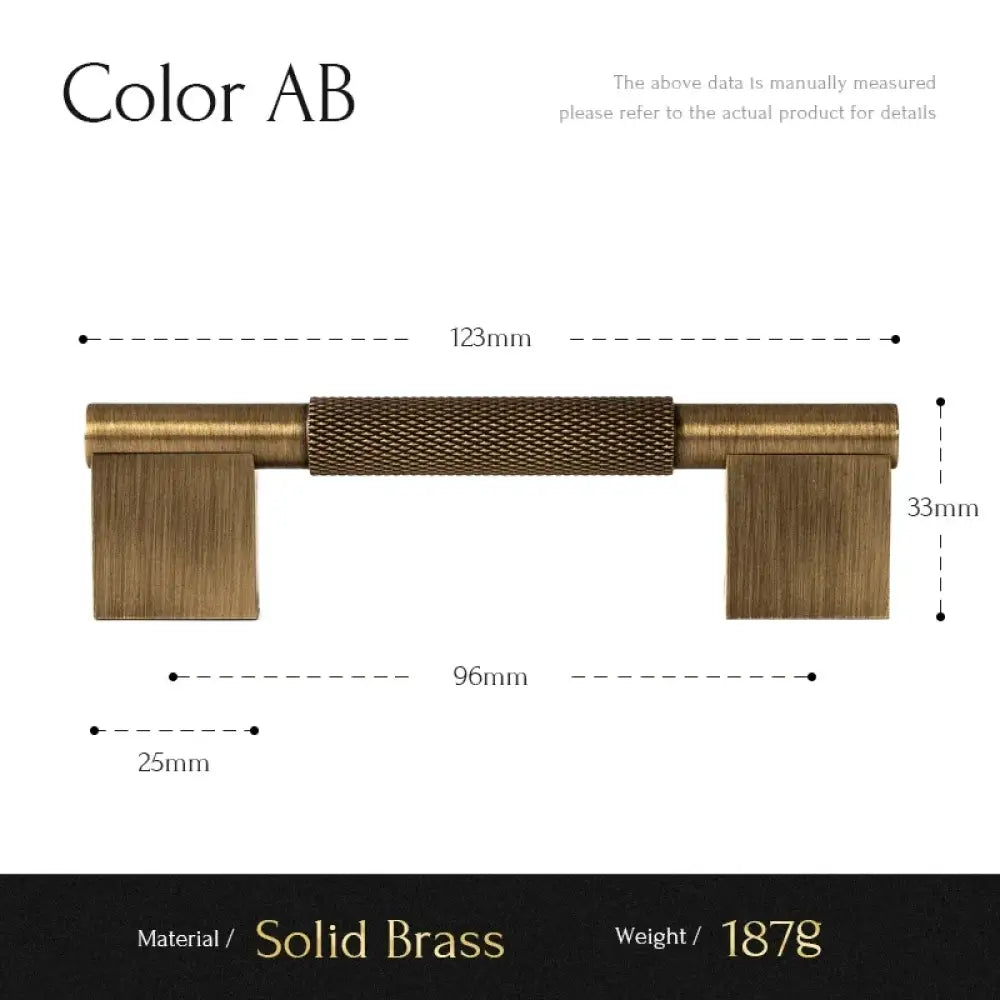 Cross-knurled cabinet handle, 96mm center-to-center, solid brass, square ends