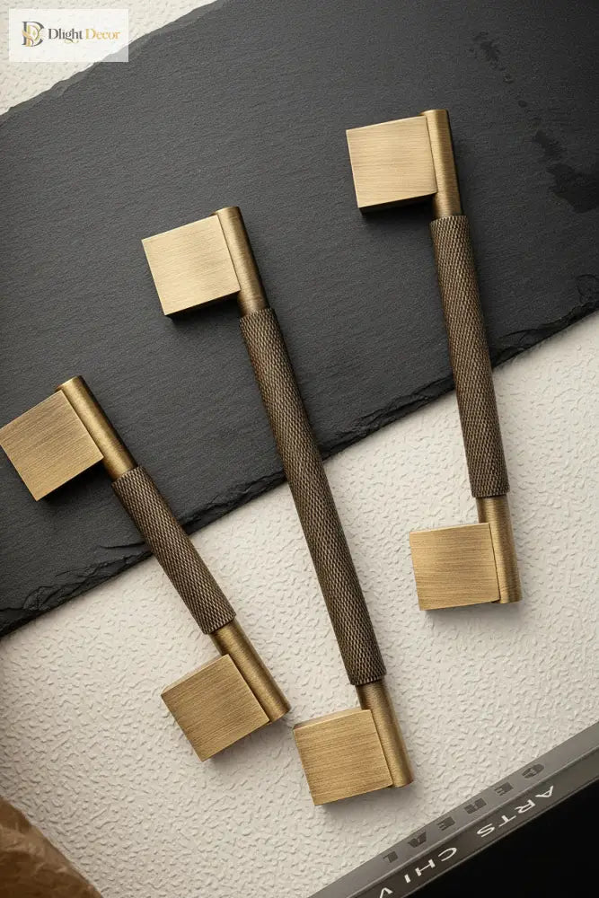 Antique brass cross-knurled cabinet pulls with square end plates