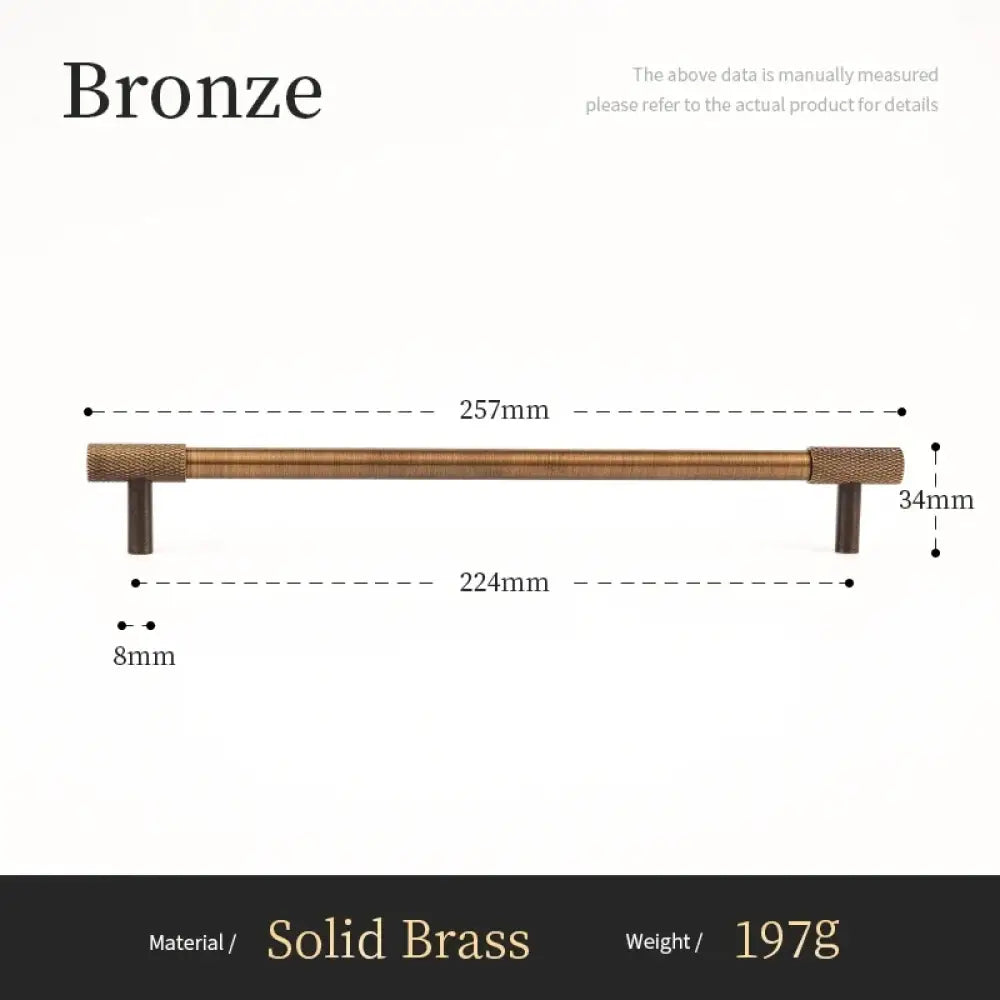 Solid brass cabinet pull, cross-knurled end caps, long bar, antique bronze finish