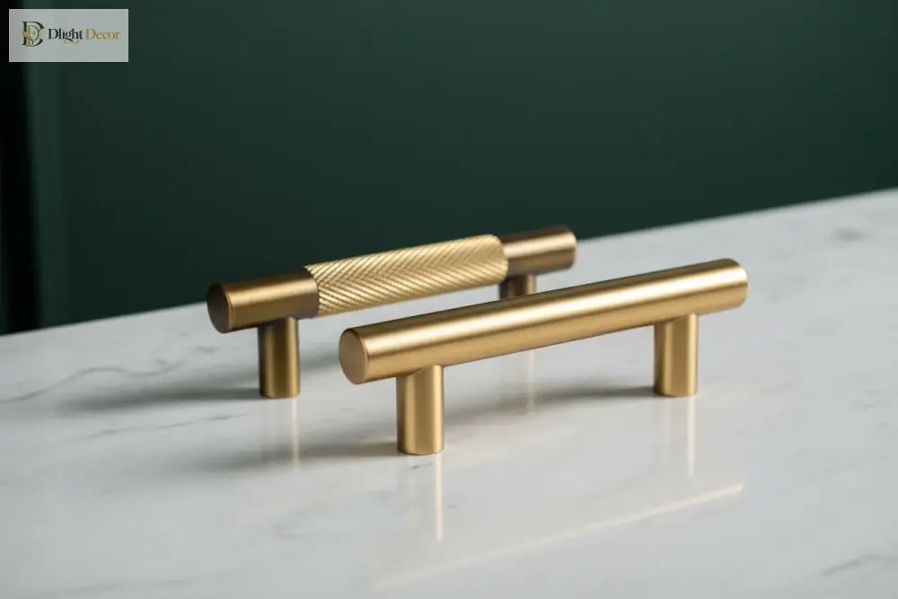 Antique brass cabinet pulls with cross-knurled textured barrels and short end posts