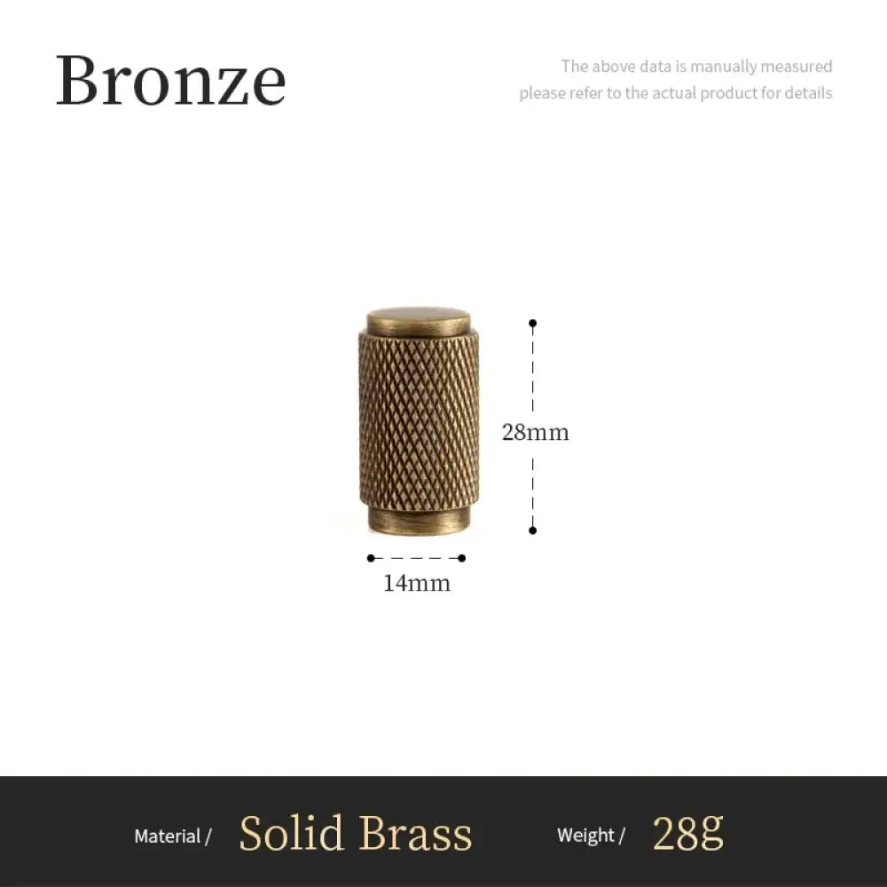 Solid brass cabinet knob with cross-knurled cylindrical sides, antique bronze finish