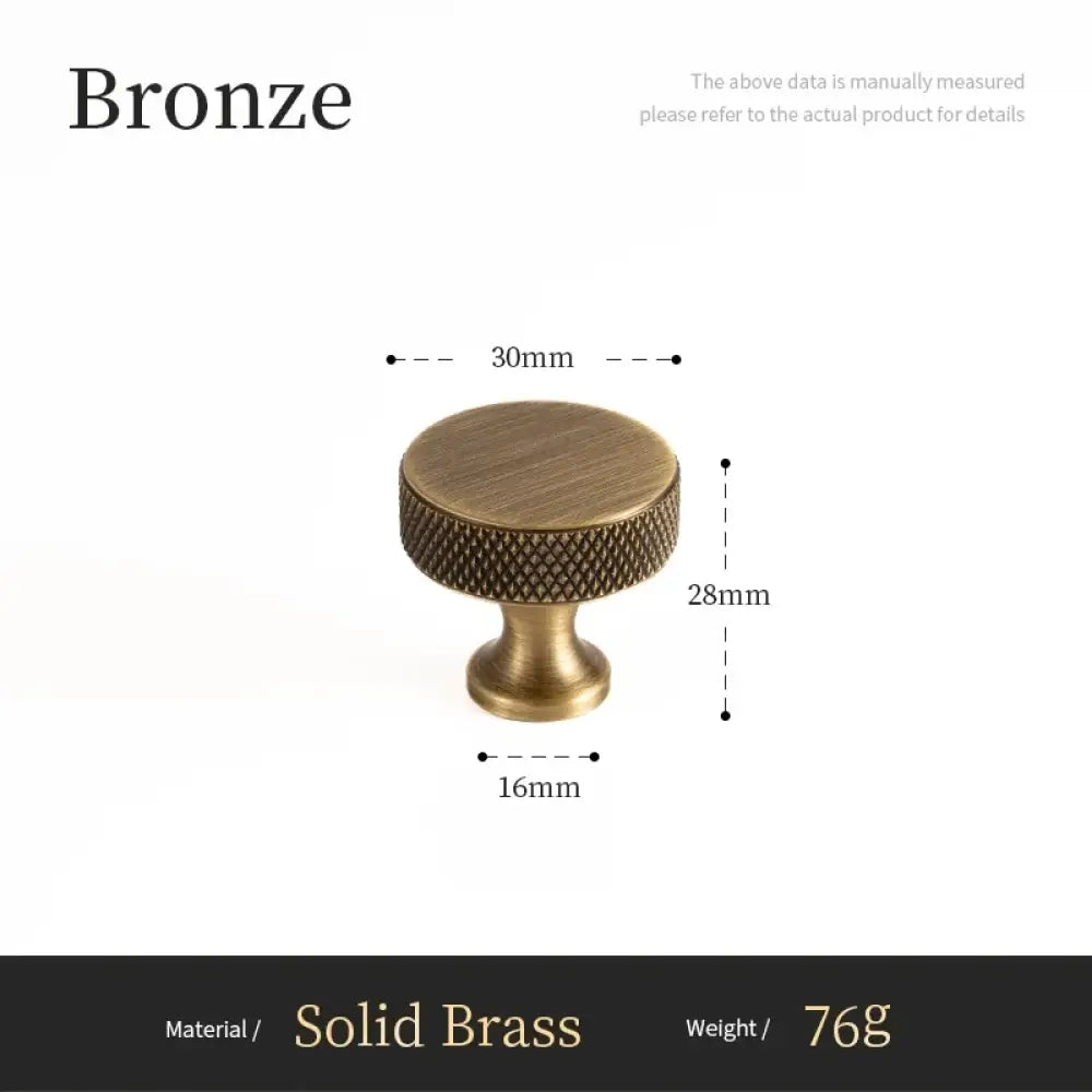 Solid brass cabinet knob with cross-knurled grip, round top, antique bronze finish