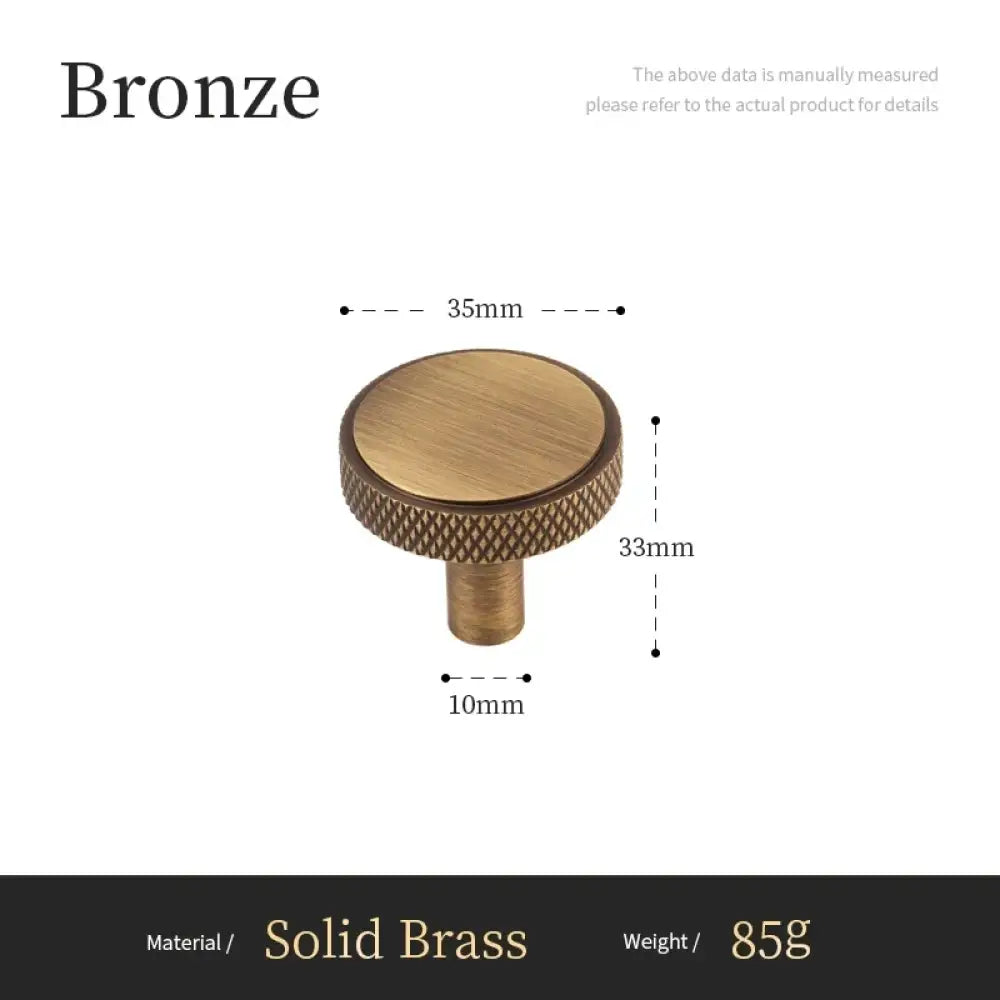 Solid brass cabinet knob pull, round knurled top with short stem, antique bronze finish