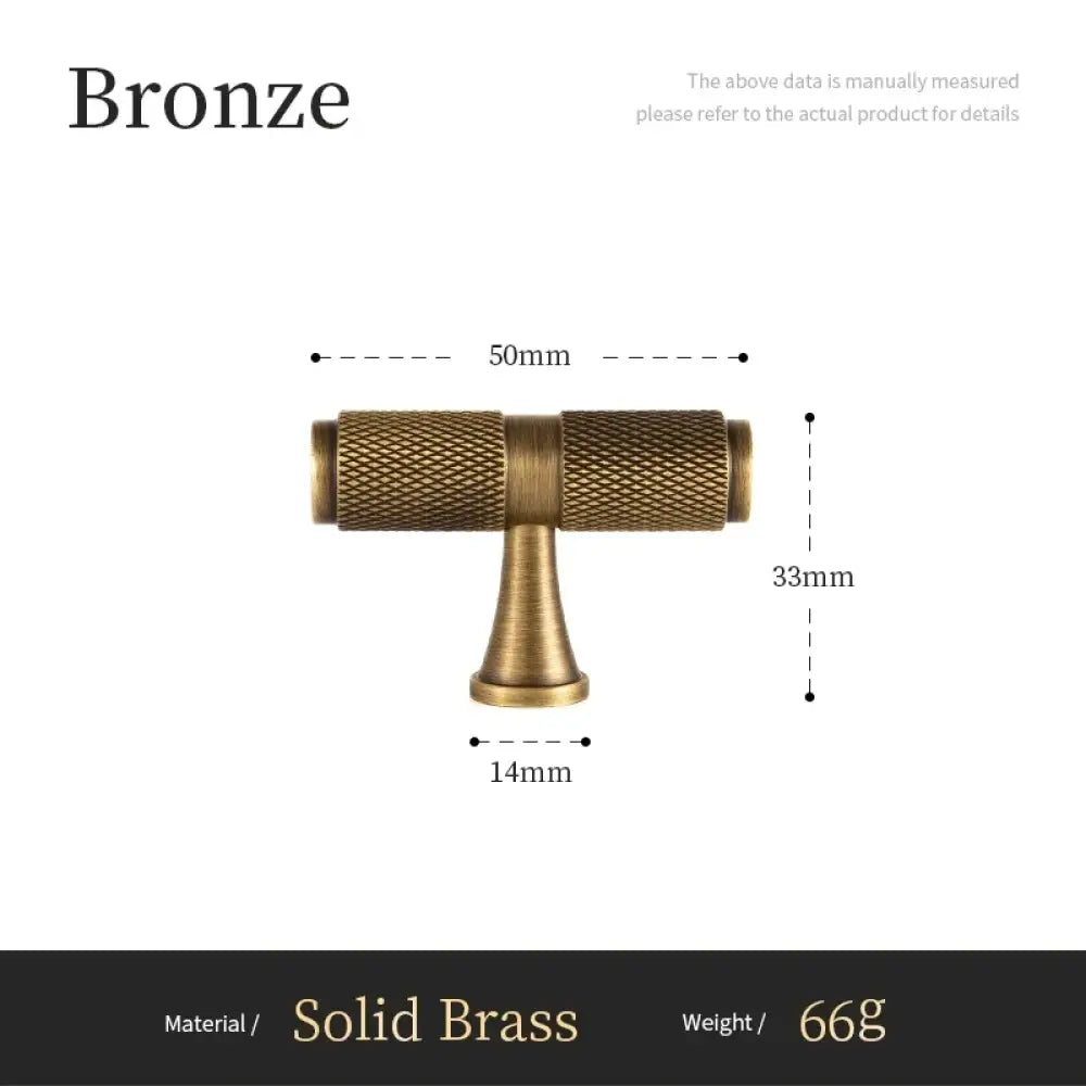 Bronze T-knob cabinet pull diagram, cross-knurled texture, 50mm x 33mm