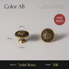 Floral cabinet knob, brushed brass solid brass, one-piece