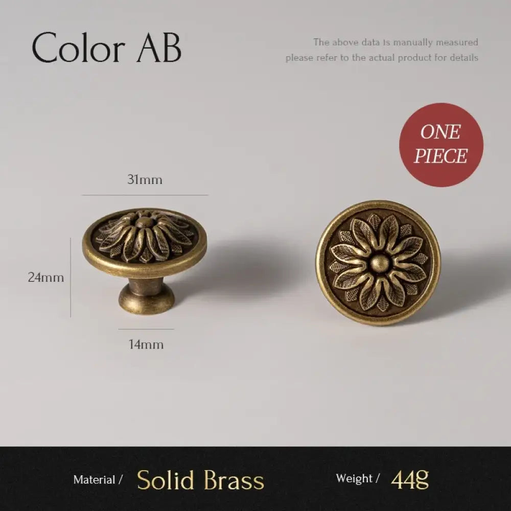 Floral cabinet knob, brushed brass solid brass, size shown