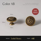Floral cabinet knob, brushed brass solid brass, size shown