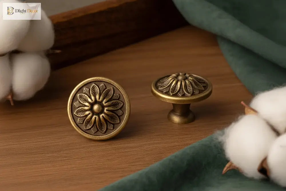 Floral cabinet knob handle with short stem, brushed brass