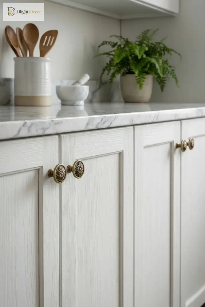 Brushed brass floral cabinet handles on white cabinet doors
