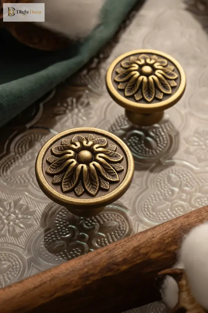 Floral cabinet knob pull, brushed brass round backplate