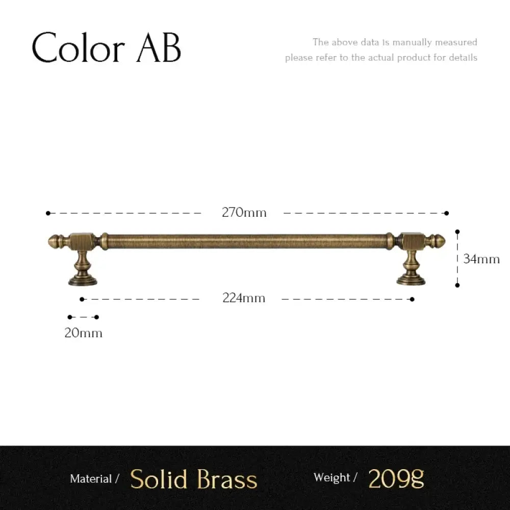 Antique brass hammered cabinet handle dimensions diagram, 224mm center-to-center