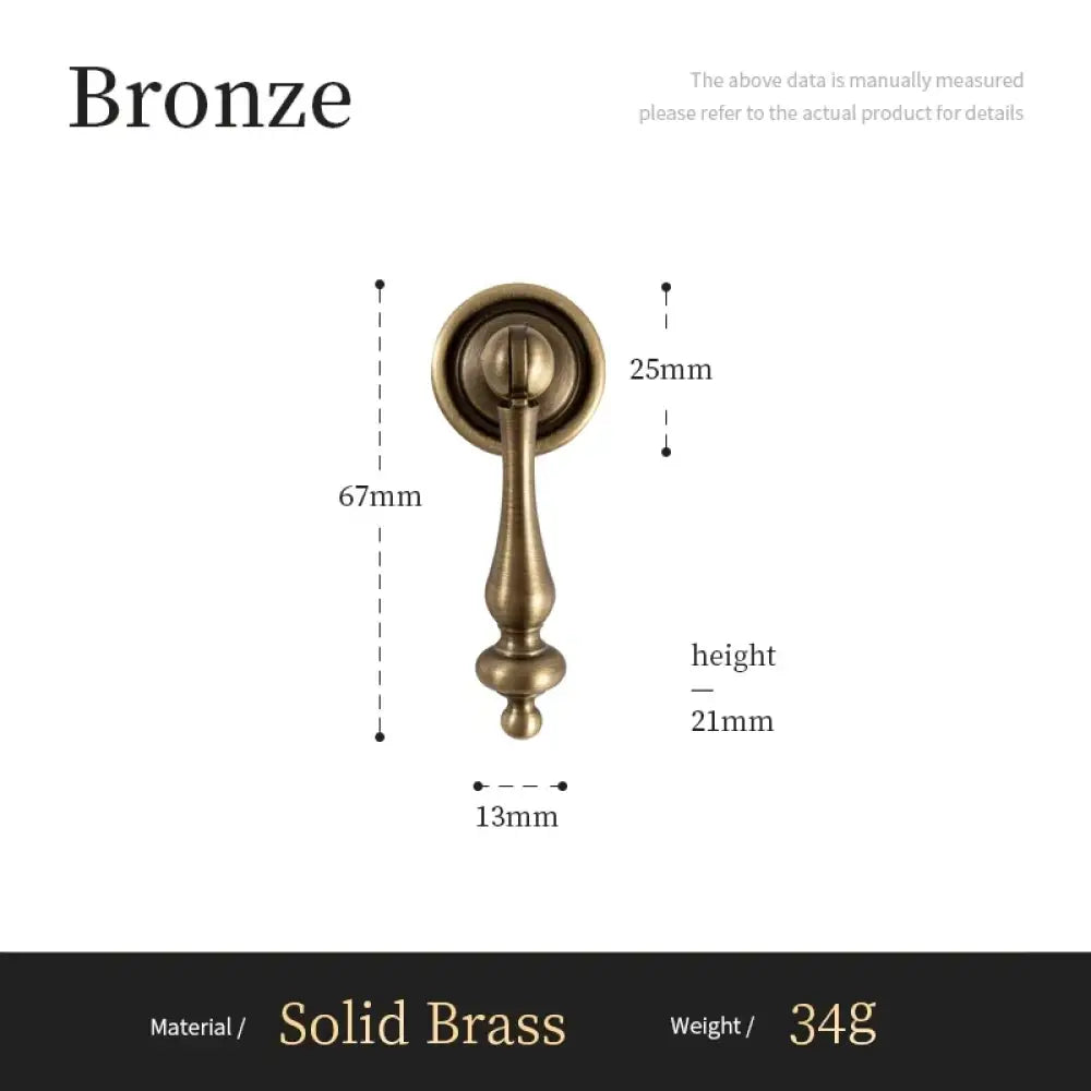 Solid brass cabinet pull handle with circular backplate and rounded finial, bronze tone