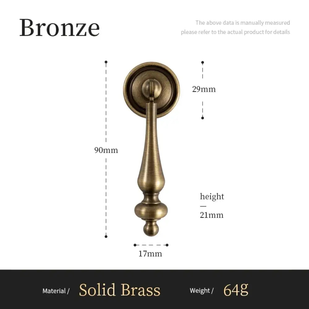 Solid brass cabinet pull handle with circular backplate and teardrop finial, bronze tone