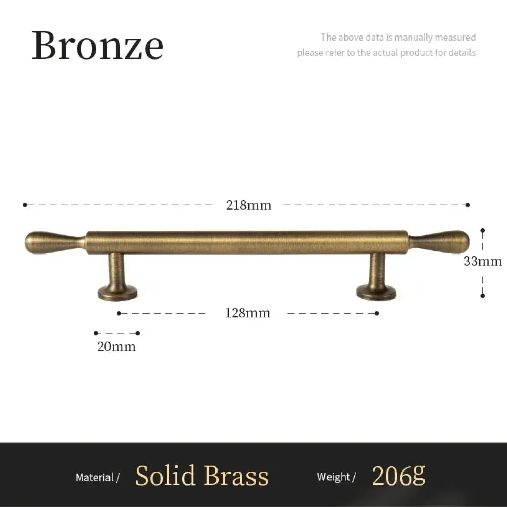 Bronze bar cabinet handle: 218mm long, 128mm hole, 33mm high, solid brass, 206g