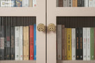 Brushed brass panda cabinet knobs mounted on cabinet doors among bookshelves