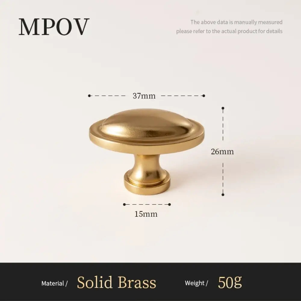 Antique brass cabinet knob with flat round top and short pedestal base