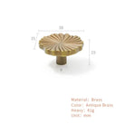 Antique brass ruffled cabinet handle with fan ridges, shown with size measurements.