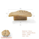 Antique brass ruffled cabinet handle with size dimensions; sale by pair label shown.