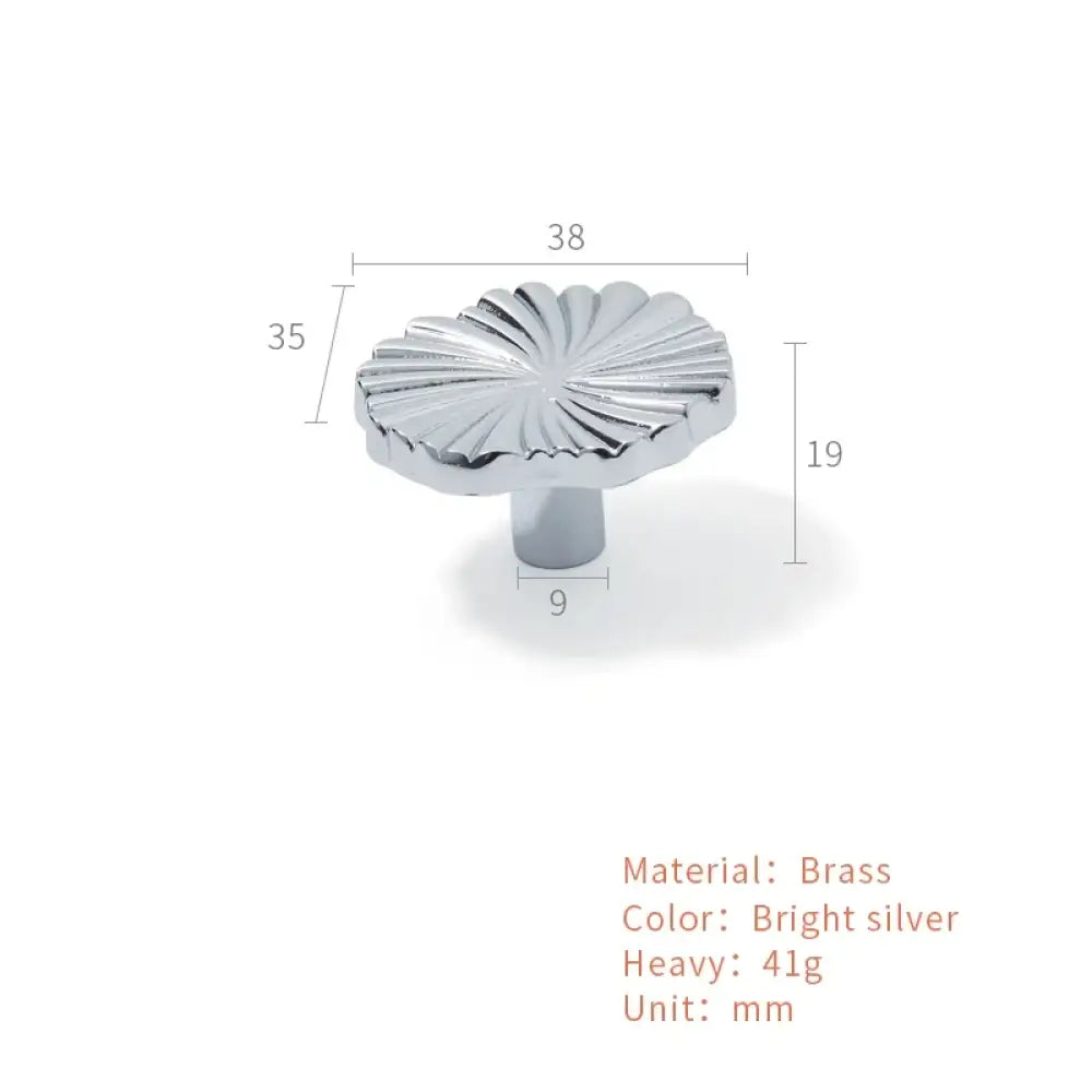 Bright silver ruffled cabinet handle with fan ridges, shown with size measurements.
