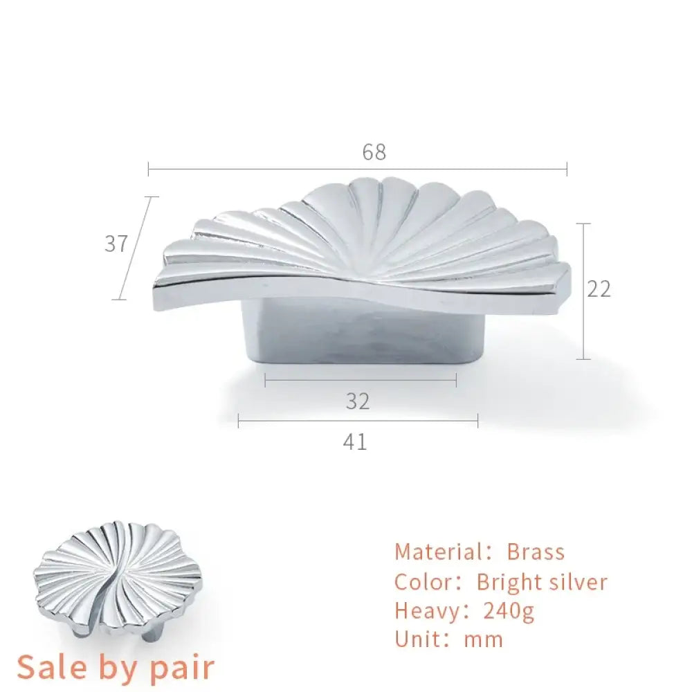 Antique-style ruffled cabinet handle, bright silver brass, wide rosette with single-hole