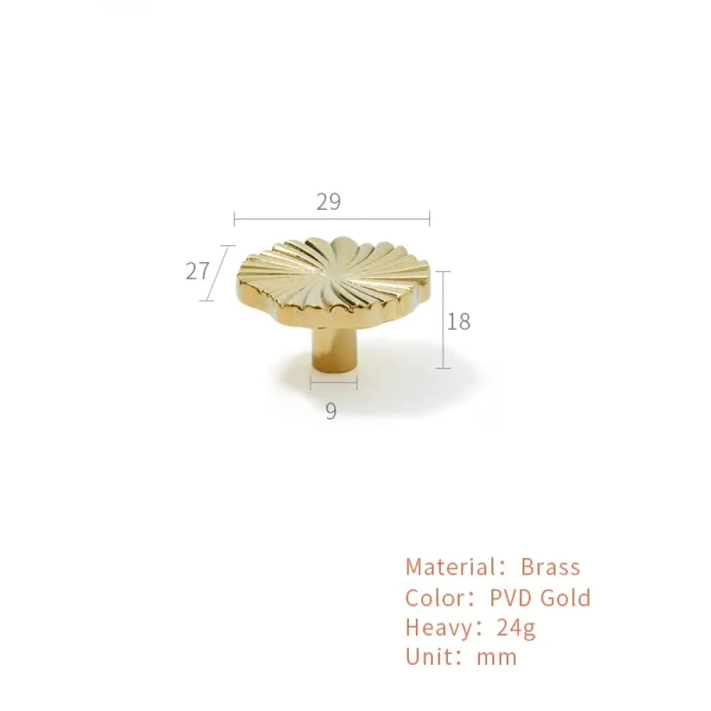 Antique-style ruffled cabinet handle, PVD gold brass rosette with round single-hole base