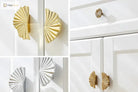 Ruffled cabinet handles on white cabinet doors, shown in gold and bright silver finishes.