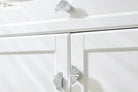 Ruffled cabinet handle pair in bright silver finish on white cabinet drawer.
