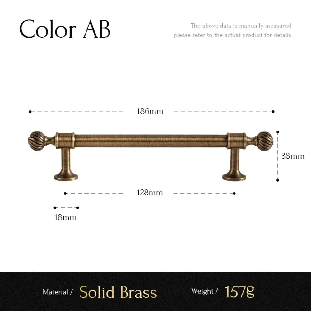 Brushed brass cabinet handle pull with shell-shaped end knobs and two mounting posts