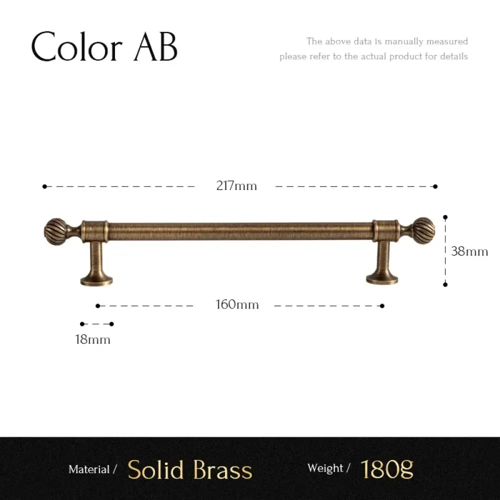 Brushed brass cabinet handle pull, longer bar with shell end knobs and two mounting posts