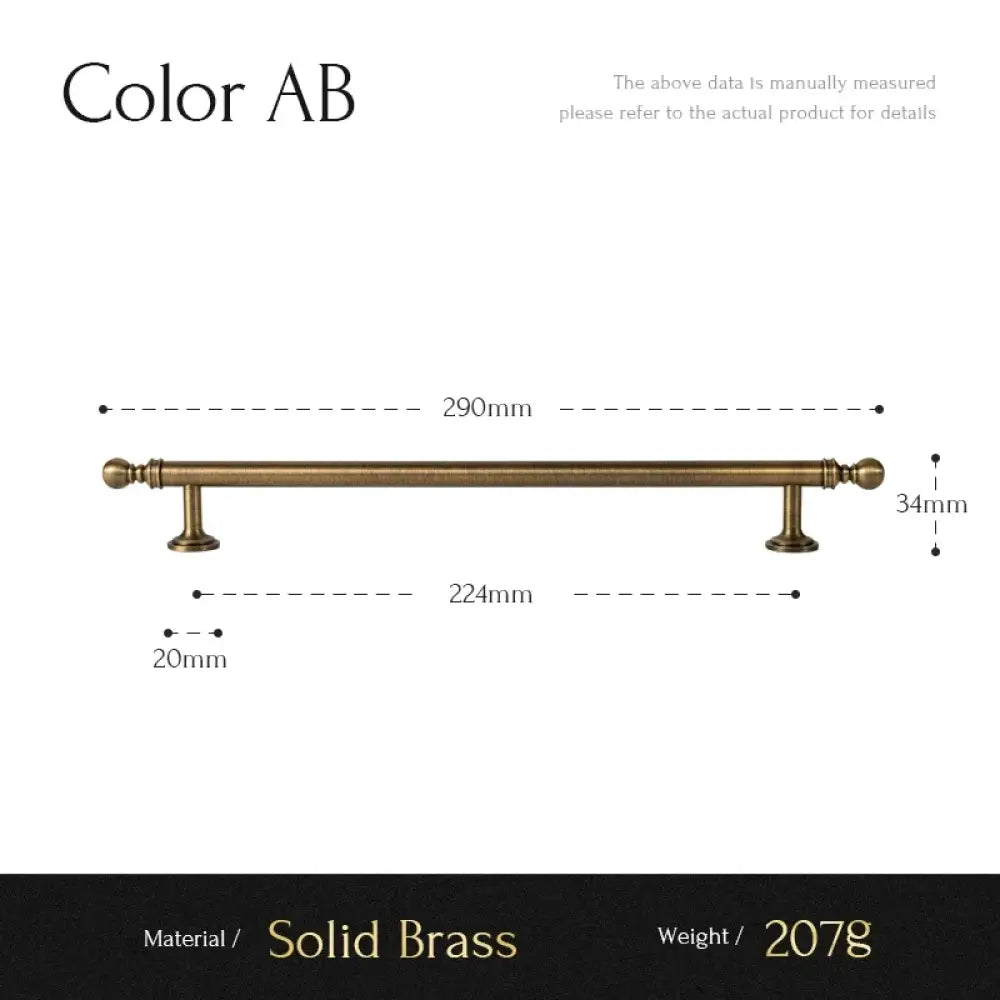 Brushed brass T-bar cabinet pull with rounded ends; 224mm length, AB finish