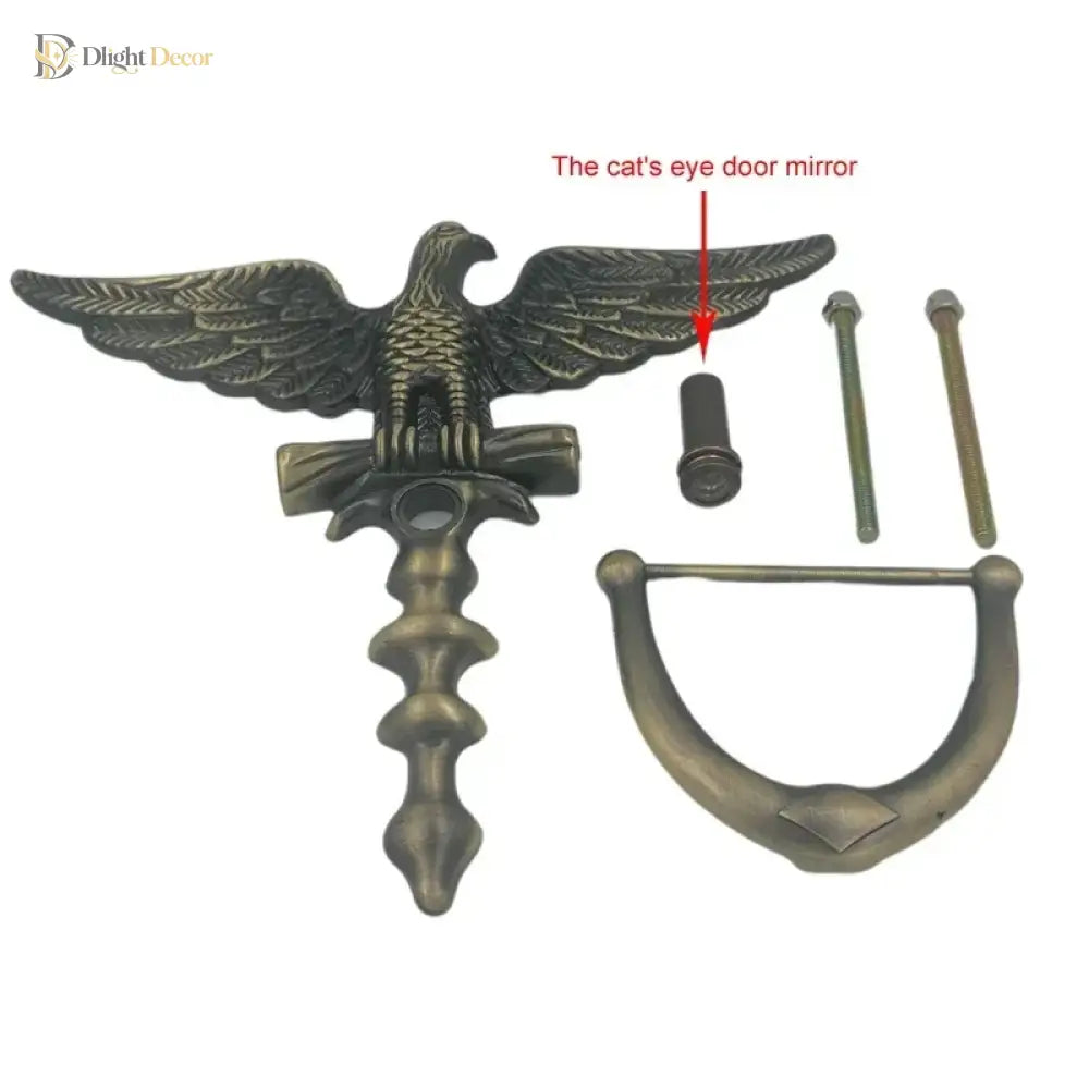 Eagle door knocker kit with winged eagle, arched handle, mounting hardware and screws