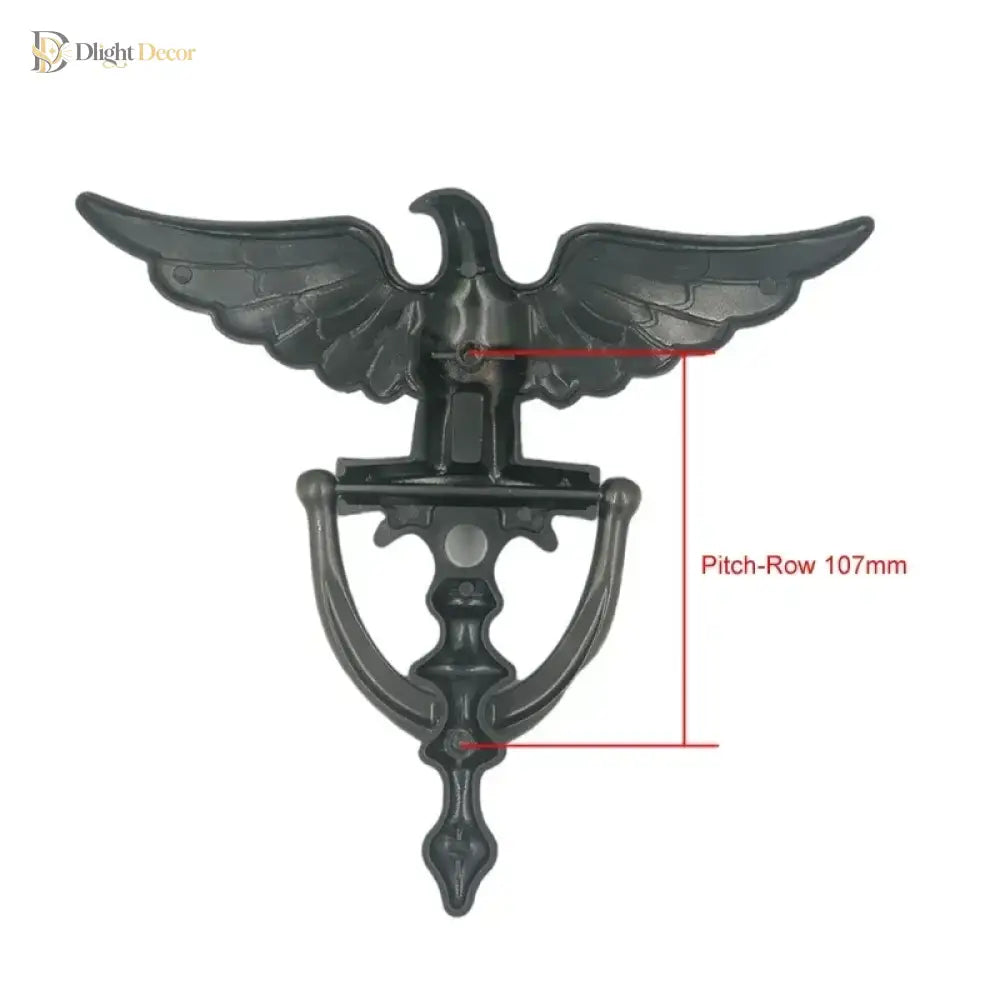 Eagle head door knocker in dark bronze finish with winged motif and arched latch