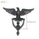 Eagle head door knocker in dark bronze finish with winged motif and arched latch