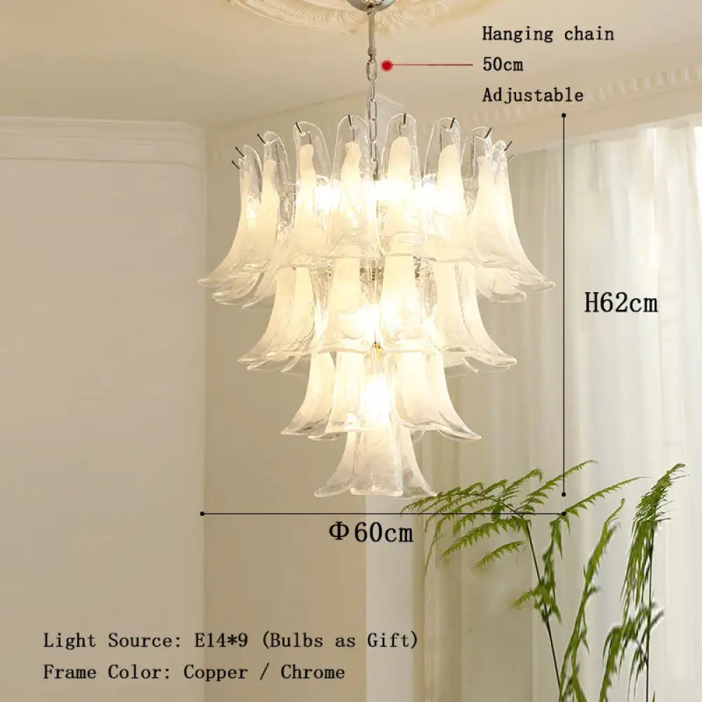 Elara White Petal Glass LED Chandelier for Staircase & Villa Décor 60cm / Copper Frame / White Light chandelier