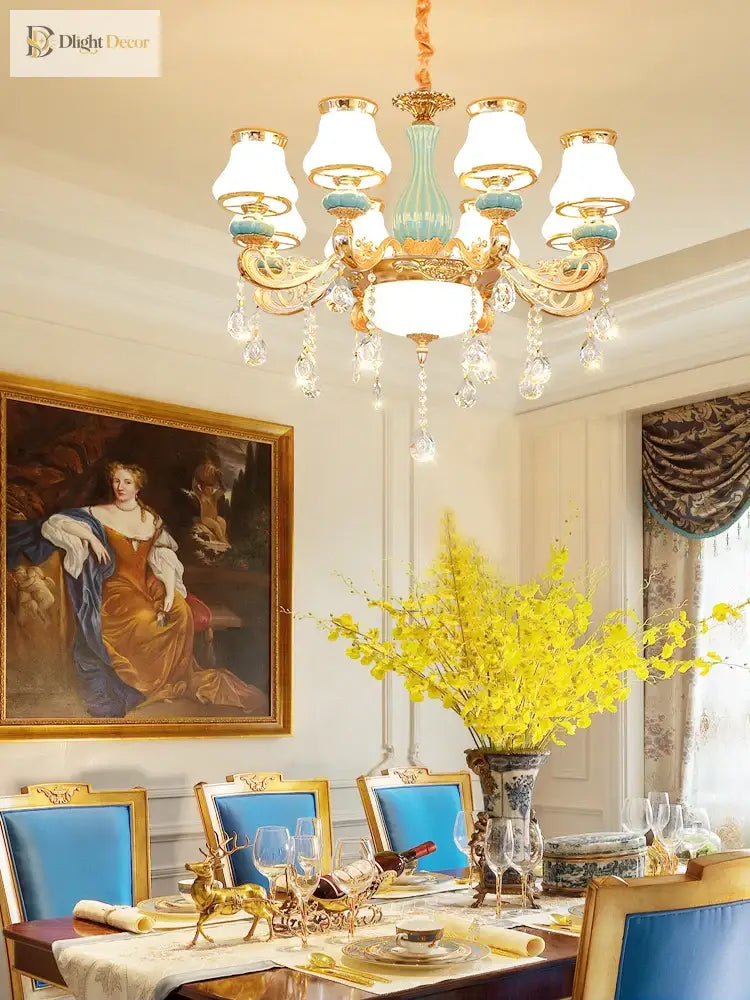 Elegant Blue Ceramic European Crystal Chandelier - Perfect For Living Rooms Dining And Bedrooms