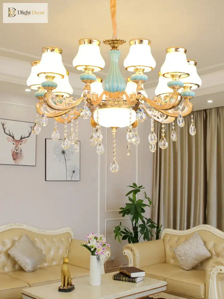 Elegant Blue Ceramic European Crystal Chandelier - Perfect For Living Rooms Dining And Bedrooms