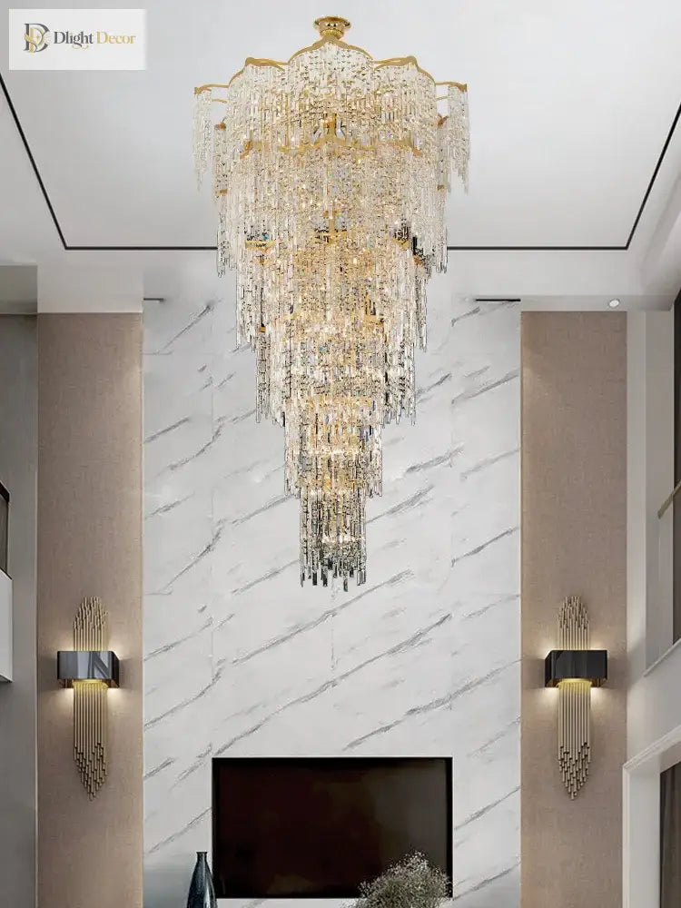 Elegant Golden Art Staircase Grand Chandelier - Luxury Crystal Illumination For Villa Halls With
