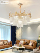 Elegant Modern Minimalist Crown K9 Crystal Chandelier - A Round Golden Fixture For Living Rooms And