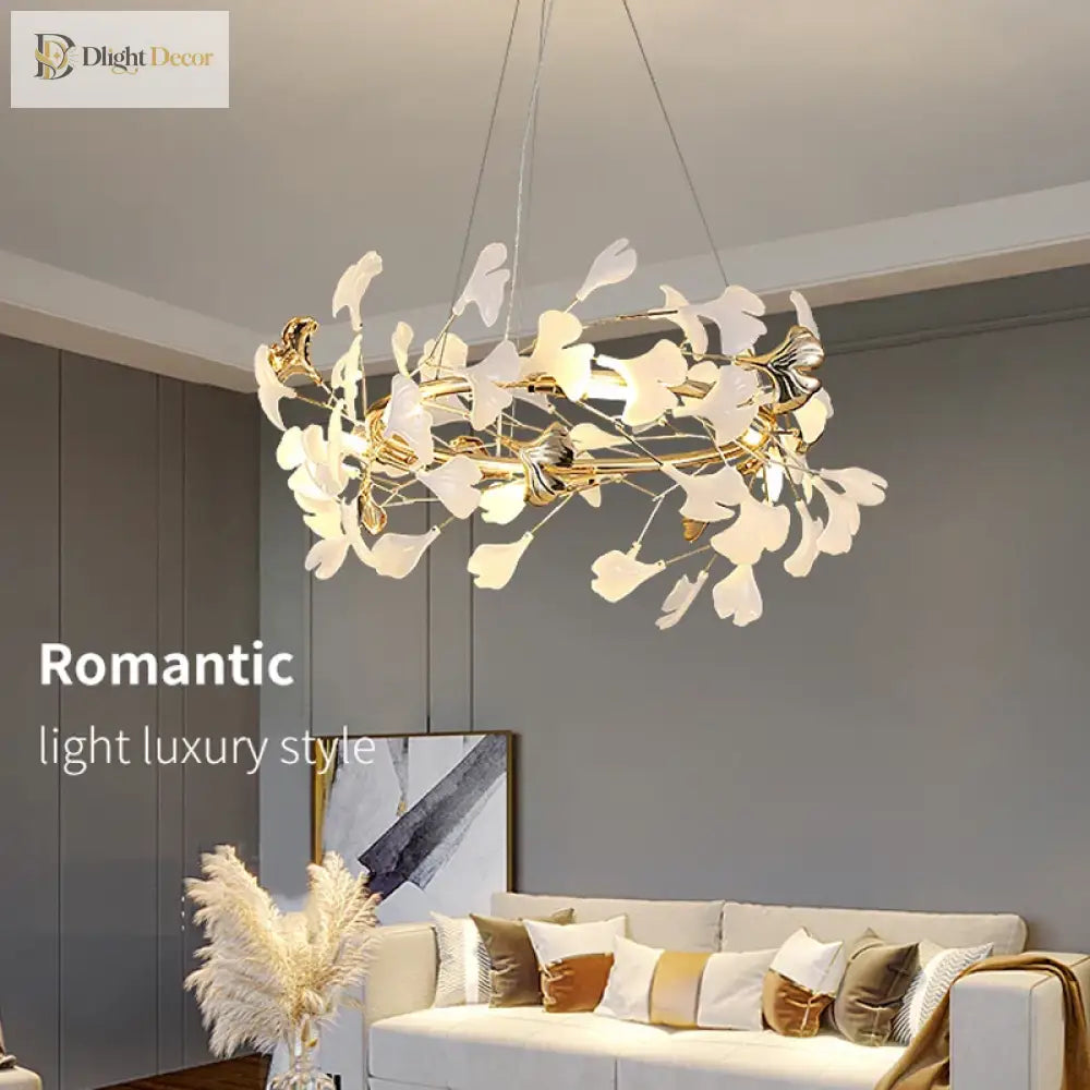 Elegant Nordic Apricot Leaf Chandelier - Wrought Iron Petals Indoor Led Lighting For Living Dining