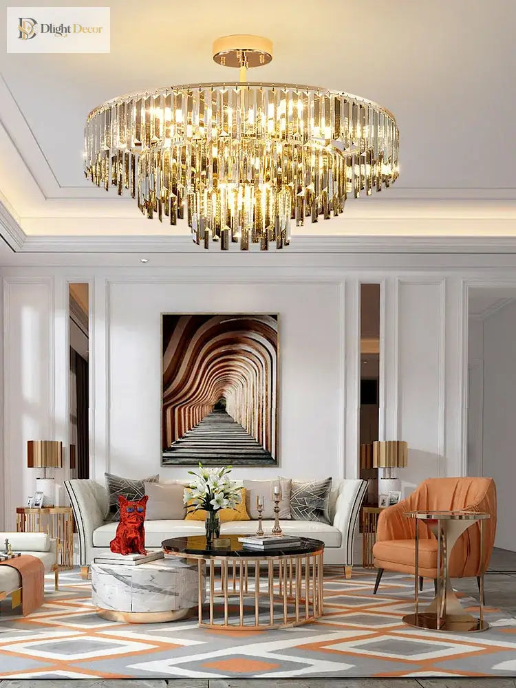 Elegant Modern Crystal Gold Chandelier - Round Smoked Gray Design Perfect For Luxury Living Rooms