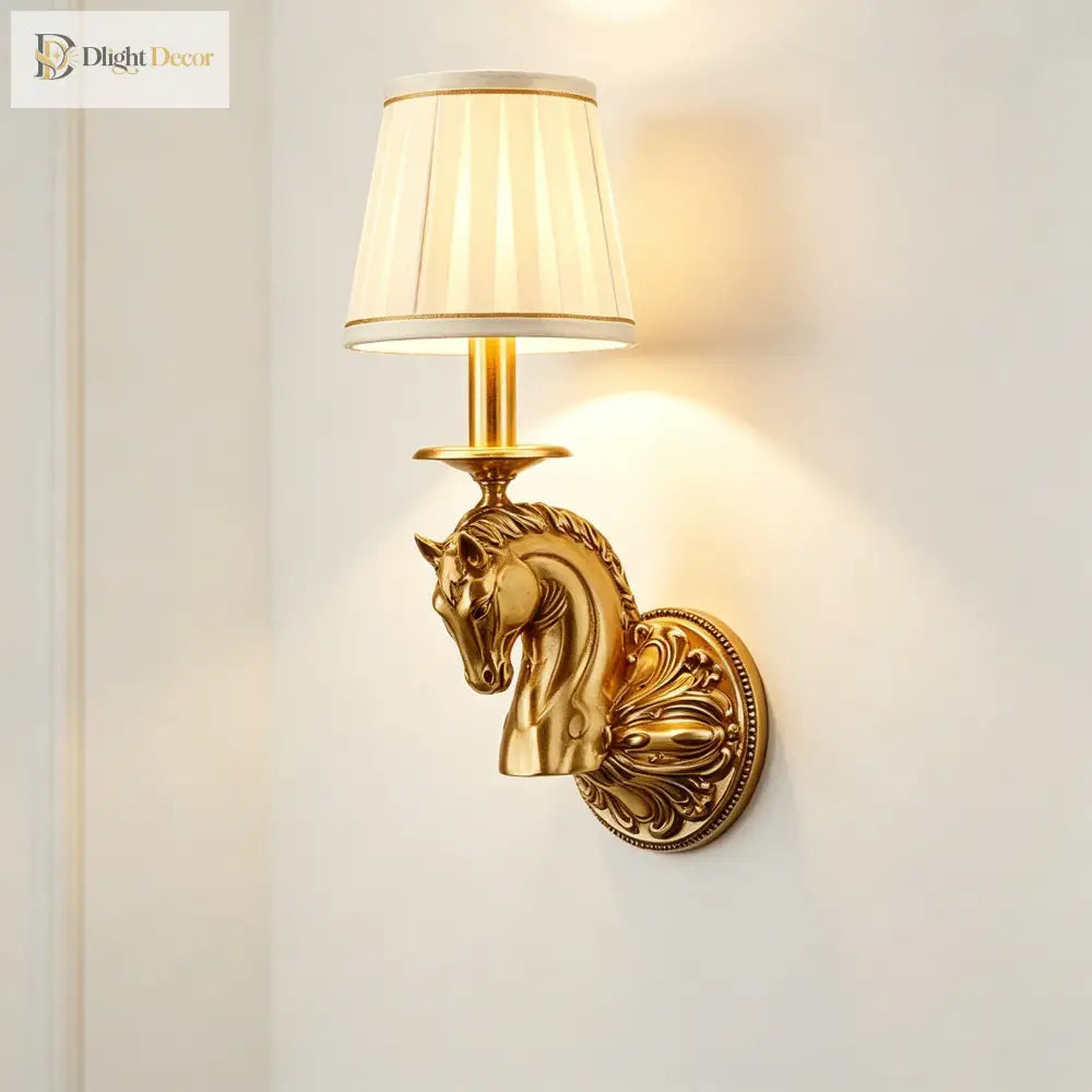 Decorative wall sconce featuring copper horse-head sculpture and beige drum lamp shade